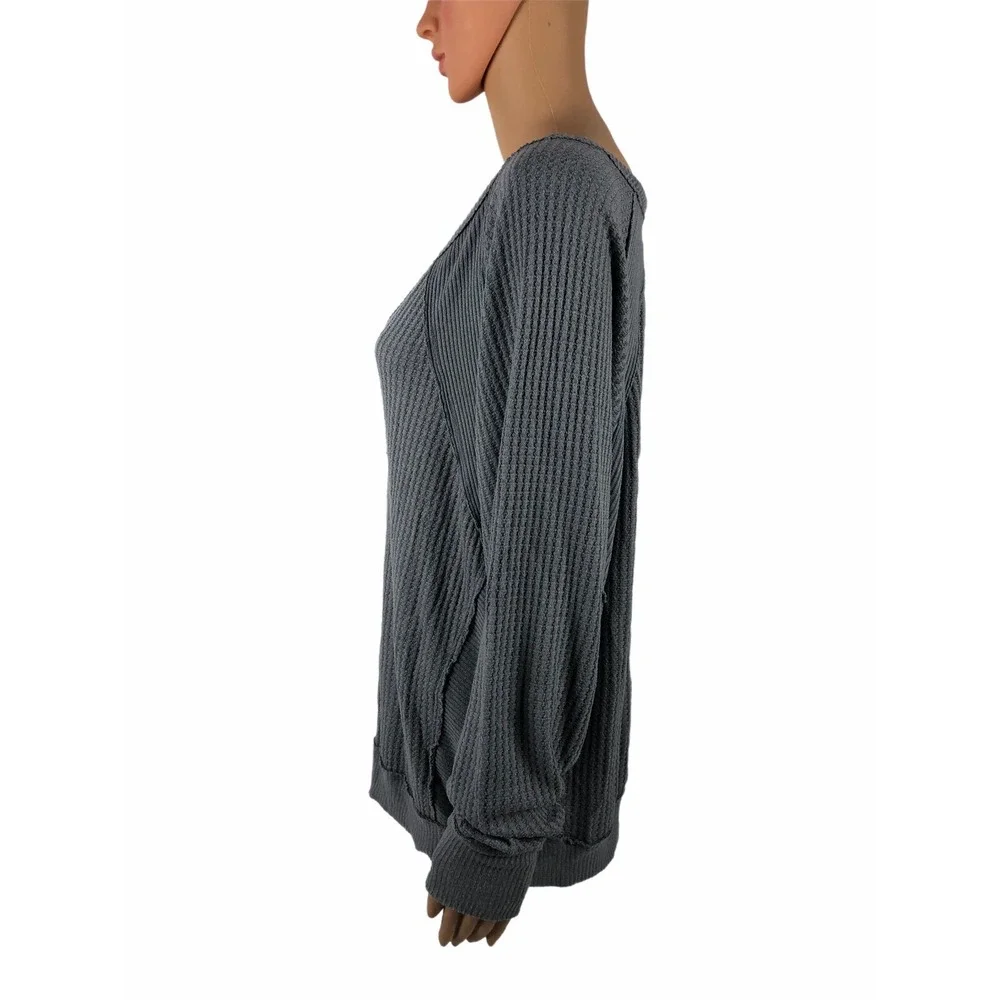 Free People We the Free Santa Clara Thermal Top Medium Gray Knit V Neck Stretch